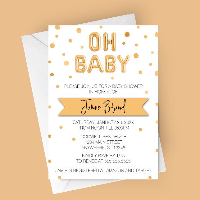 Invitation Ballon en feuille d'or Oh Baby pour Baby Shower (Oh Baby Gold Foil Balloon Letters Baby Shower Invitation - Neutral Baby Shower)
