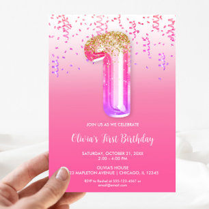 Invitation Ballon en feuille d'or rose violet filles 1er anni