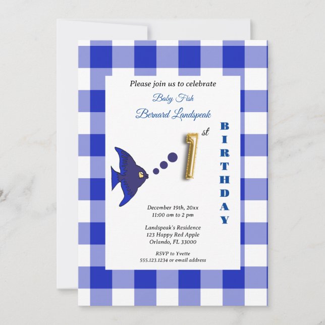 Invitation Ballon en forme de poisson en gingham bleu et feui (Devant)