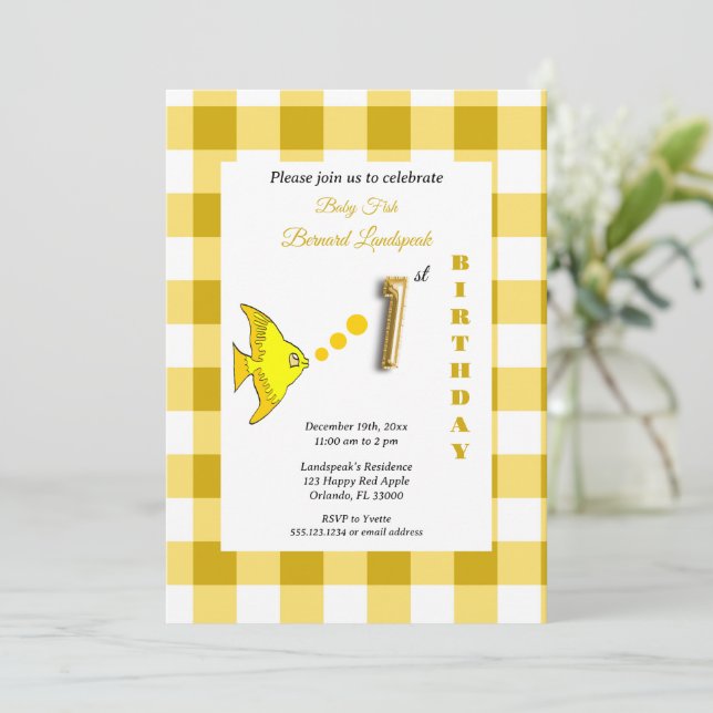 Invitation Ballon en forme de poisson en gingham jaune et feu (Debout devant)