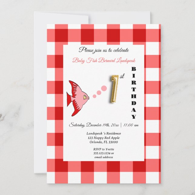 Invitation Ballon en forme de poisson en gingham rouge avec f (Devant)