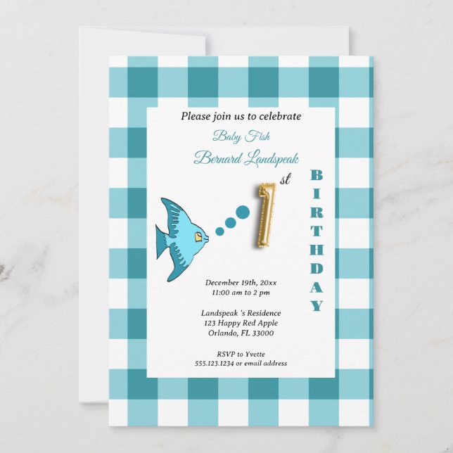 Invitation Ballon en forme de poisson en gingham sarcelle et  (Devant)