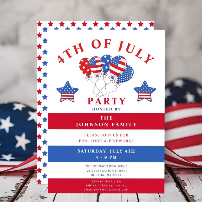 Invitation Ballon étoiles et bandes Fête du 4 juillet (Créateur téléchargé)