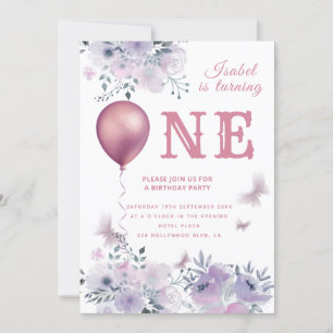 Invitation Ballon floral chic papillon lilas 1er anniversaire