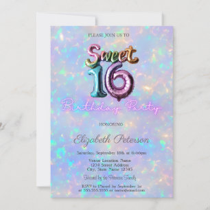 Invitation Ballon Iridescent Holographique Moderne Sweet 16