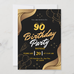 Invitation Ballon moderne Black and Gold 90e anniversaire