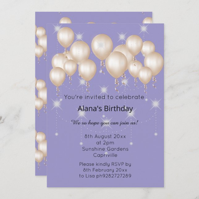 INVITATION BALLON MODERNE ÉLÉGANT LILAC PURPLE ANNIVERSAIRE (Devant / Derrière)