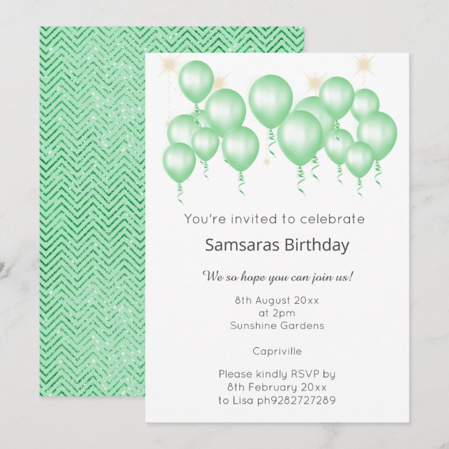 INVITATION BALLON MODERNE ÉLÉGANT SAGE GREEN CHEVRON ANNIVERS (Devant / Derrière)