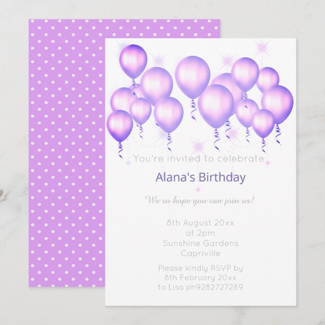 INVITATION BALLON MODERNE ELGANT PURPLE SPOT ANNIVERSAIRE (Devant / Derrière)