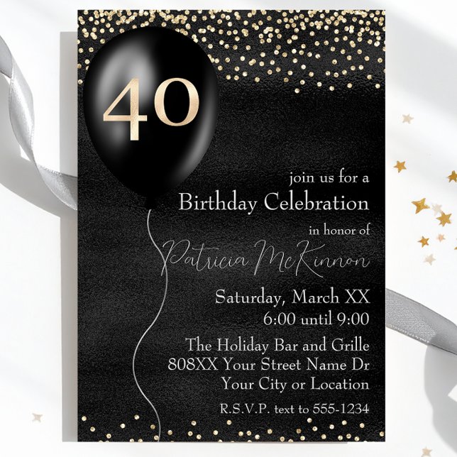 Invitation Ballon Noir et Or 40e Anniversaire (Créateur téléchargé)