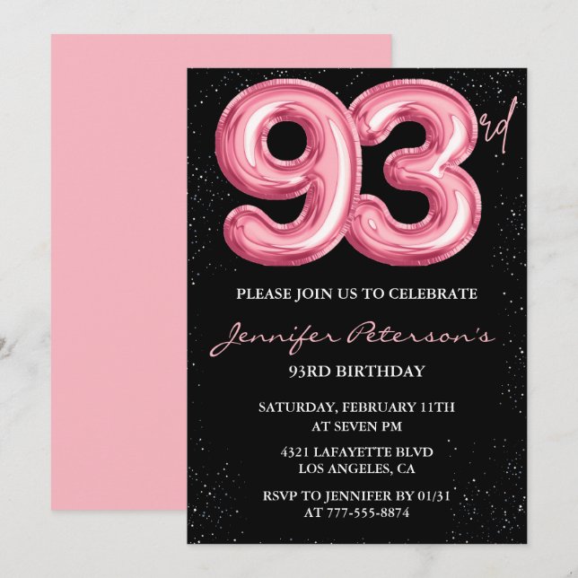 Invitation Ballon noir rose Glam 93e anniversaire (Devant / Derrière)