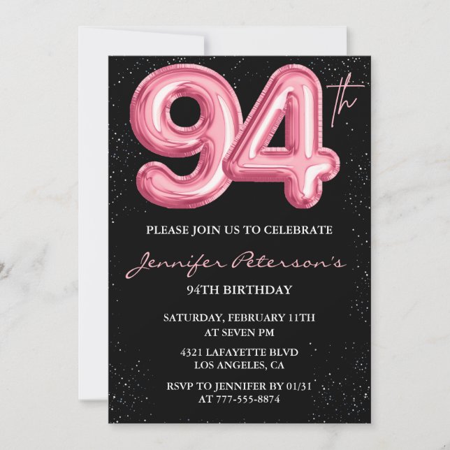 Invitation Ballon Noir Rose Glam 94e anniversaire (Devant)