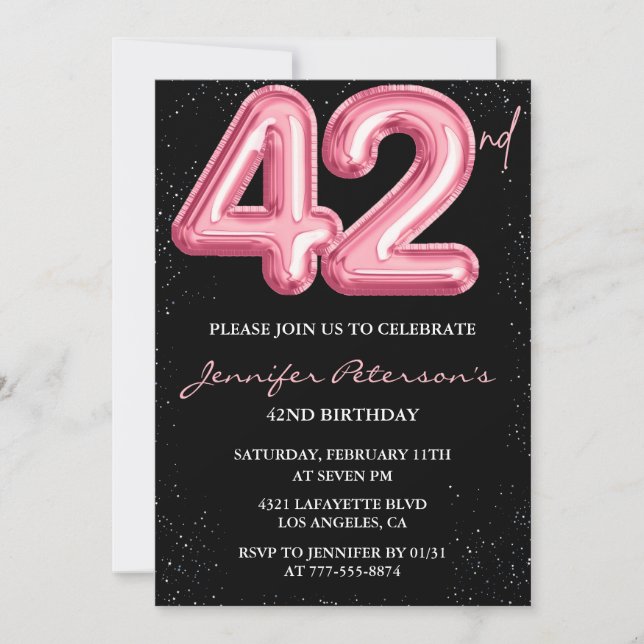 Invitation Ballon Noir Rose Glam Pailleté 42e anniversaire (Devant)
