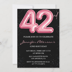 Invitation Ballon Noir Rose Glam Pailleté 42ème anniversaire