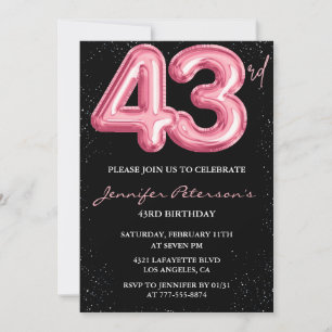 Invitation Ballon Noir Rose Glam Pailleté 43e anniversaire
