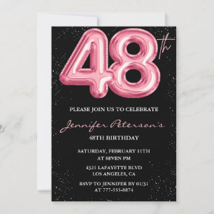 Invitation Ballon Noir Rose Glam Pailleté 48ème anniversaire