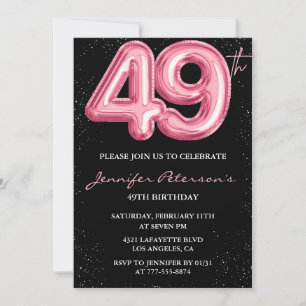 Invitation Ballon Noir Rose Glam Pailleté 49e anniversaire