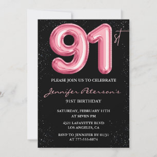 Invitation Ballon Noir Rose Glam Pailleté 91e anniversaire