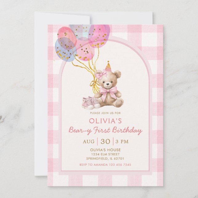 Invitation Ballon Ours Gingham Rose Anniversaire Premier Ours (Devant)