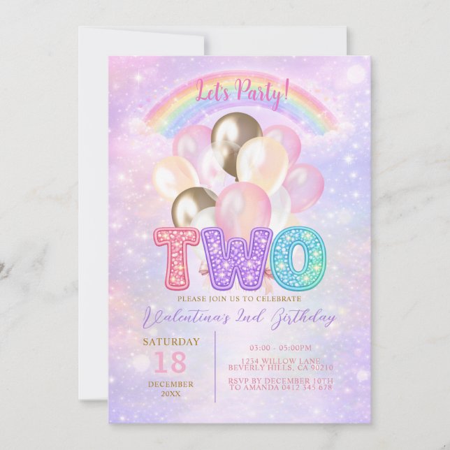 Invitation Ballon Pailleté Arc-en-Ciel 2e Anniversaire (Devant)