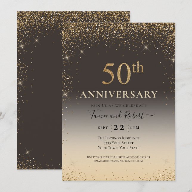 Invitation Ballon Pailleté Or 50e Anniversaire (Devant / Derrière)