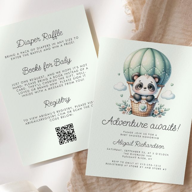 Invitation Ballon Panda Mignon Vert Menthe Code QR Baby Showe (Créateur téléchargé)