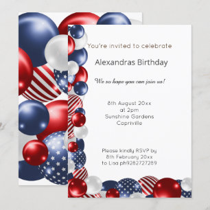 INVITATION BALLON PATRIOTIQUE BLEU ROUGE BLANC 2 ANNIVERSAIRE