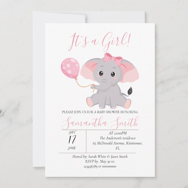 Invitation Ballon rose Baby shower éléphant (Devant)