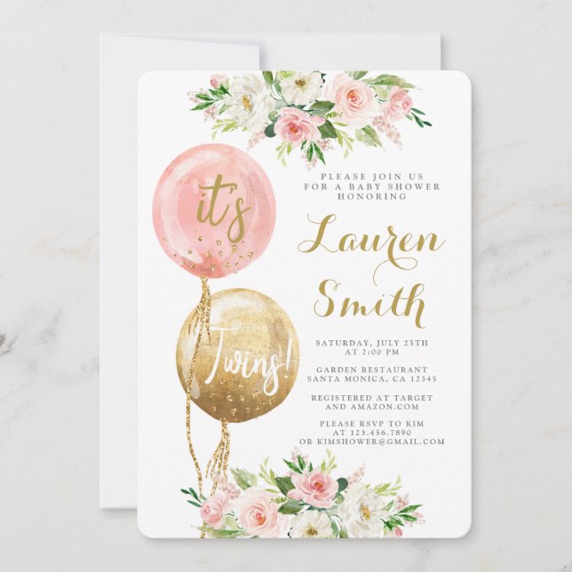 Invitation Ballon rose C'est jumeaux baby showers filles (Devant)