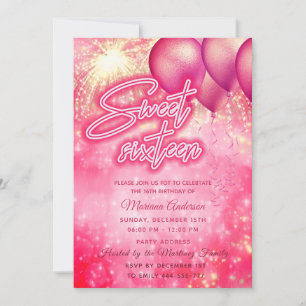 Invitation Ballon rose chaud feu d'artifice or scintillant