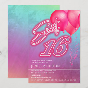 Invitation Ballon rose cool holographique néon doux 16