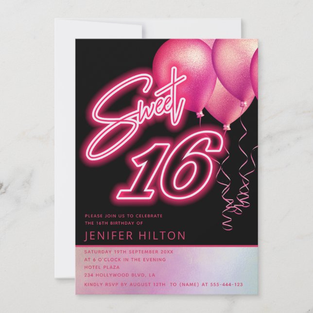 Invitation Ballon rose cool holographique néon doux 16 (Devant)