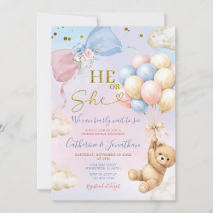 Invitation Ballon Rose et Bleu Ours Révélation du Sexe Il ou