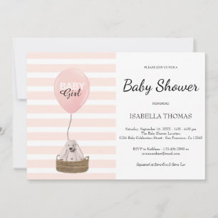 Invitation Ballon rose Fille Baby shower à rayures roses