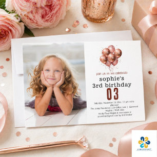 Invitation Ballon rose gold pailleté aquarelle pour 3ème anni