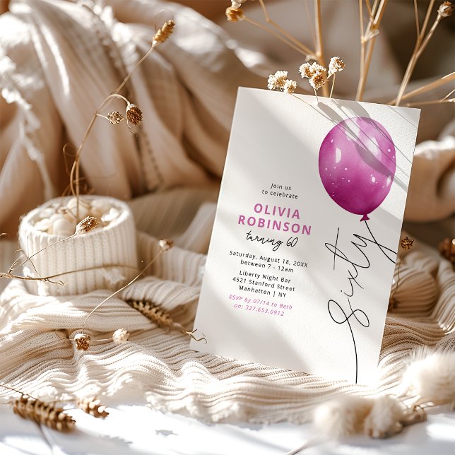 Invitation Ballon Rose Tendance 60e Anniversaire (Créateur téléchargé)