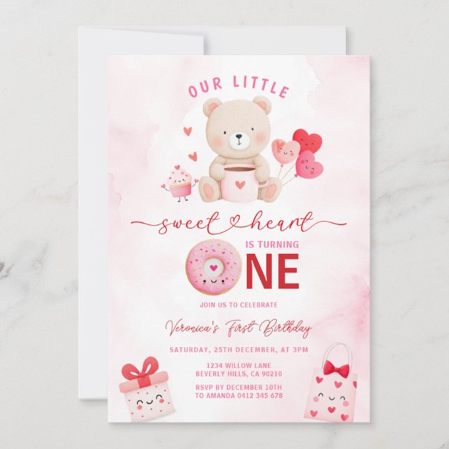 Invitation Ballon Saint Valentin Ourson pour 1er Anniversaire (Devant)