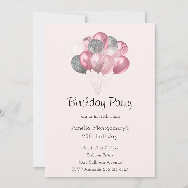 Invitation Ballon scintillant rose et argent Anniversaire (Devant)