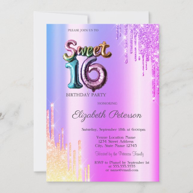 Invitation Ballon Violet Drips Ombré Pailleté Moderne pour Sw (Devant)