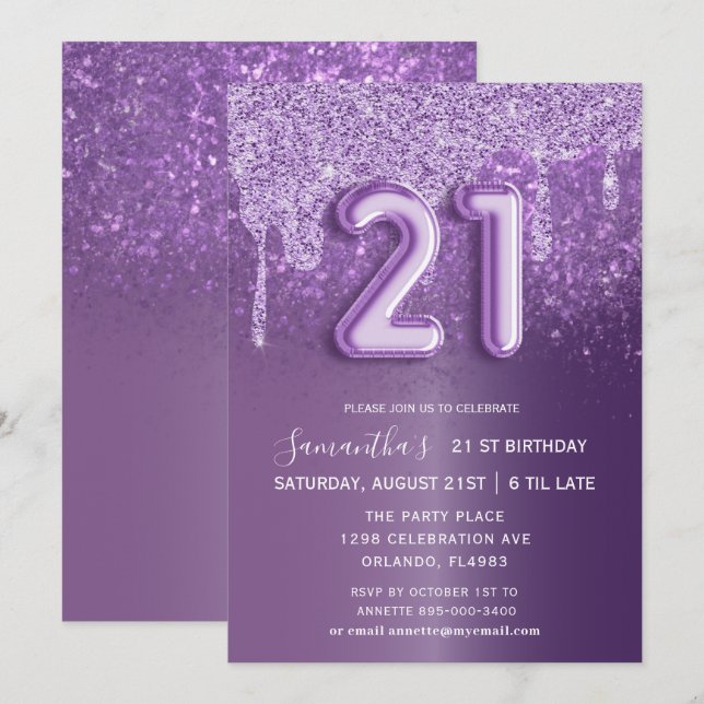 Invitation Ballon Violet Pailleté Anniversaire Moderne  (Devant / Derrière)