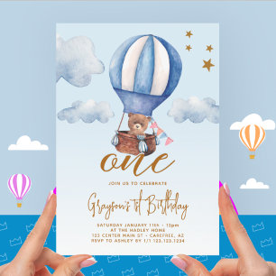 Invitation Ballons à air chaud Bear Boy 1er anniversaire