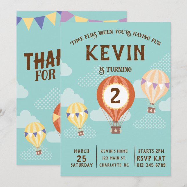 Invitation Ballons à air chaud mignon Anniversaire. (Devant / Derrière)