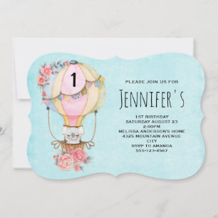 Invitation Ballons à air chaud mignon avec Aquarelle d'ours A
