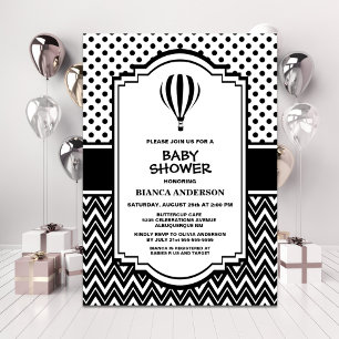 Invitation Ballons à air chaud noir et blanc baby shower