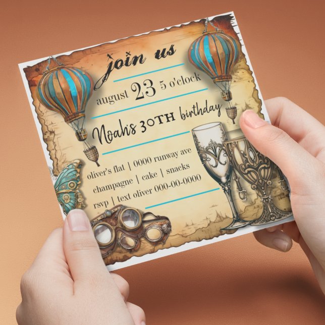 Invitation Ballons à air chaud Steampunk Goggles Célébration (Vintage industrial steampunk customizable party invitation for celebrations and special occasions)
