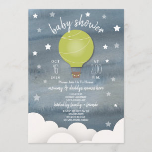 Invitation Ballons à air chaud vert + Baby shower neutre Star