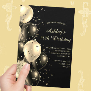 Invitation Ballons à Confettis Noir et Or 50e Anniversaire