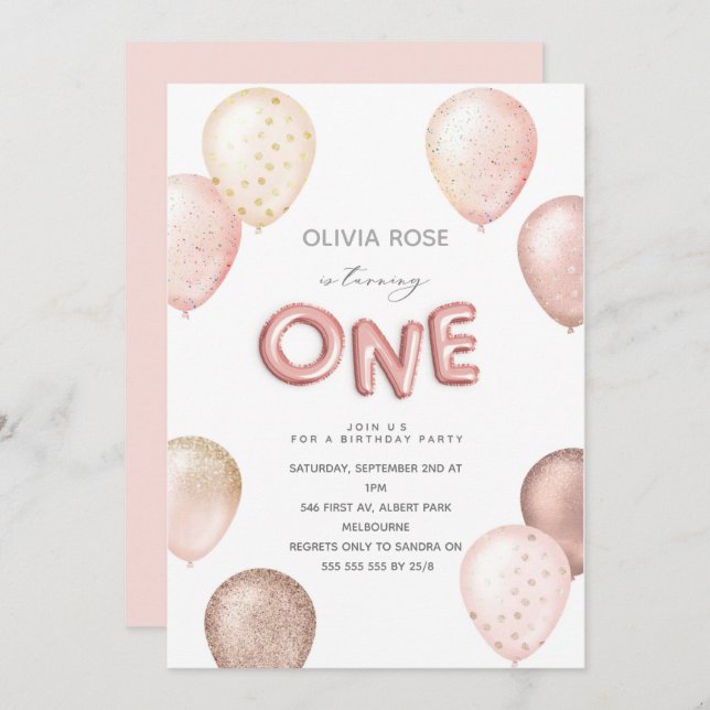 Invitation Ballons à huile et à Parties scintillant 1er anniv (Devant / Derrière)