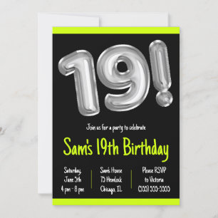 Invitation Ballons à huile noir et argent 19e anniversaire