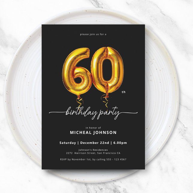 Invitation Ballons à huile Noir et Or 60e anniversaire (Gold Balloon Black 60th Birthday Invitation)